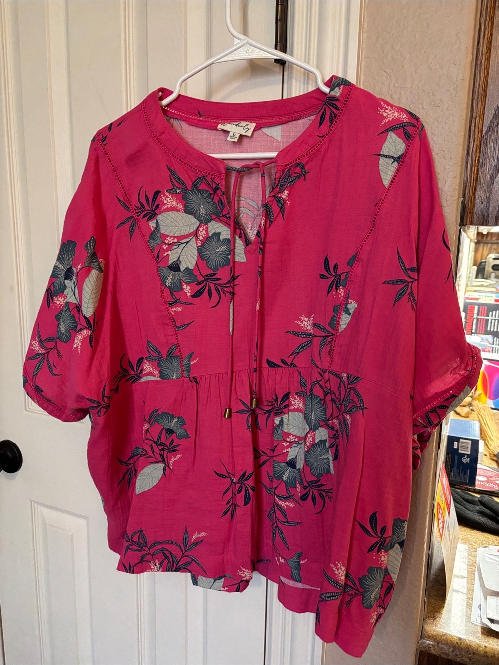 Wanderly Fuchsia Floral Tie-Neck Blouse
